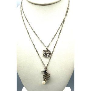 Vintage Double Strand Delicate Chain Choker Necklace, Silver Tone with Charm
